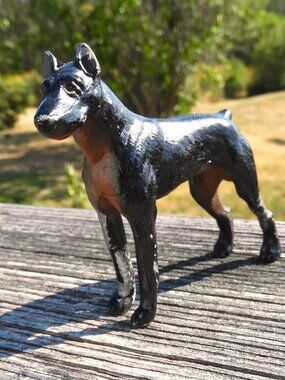 Unique Vintage Cast Iron Doberman Dog Paperweight/Figurine - black & brown